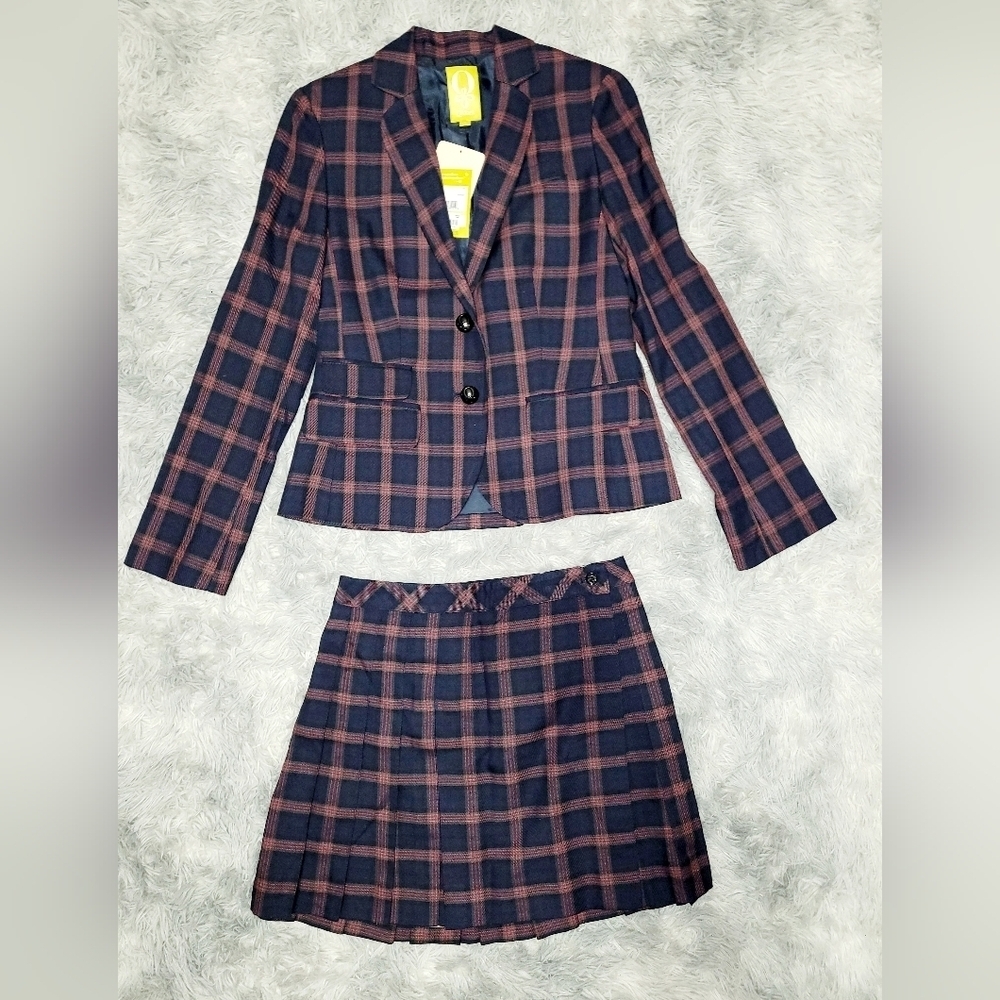 QMack 2pc Navy/Black/Red Plaid Blazer w/Matching Mini Pleated Skirt, Small